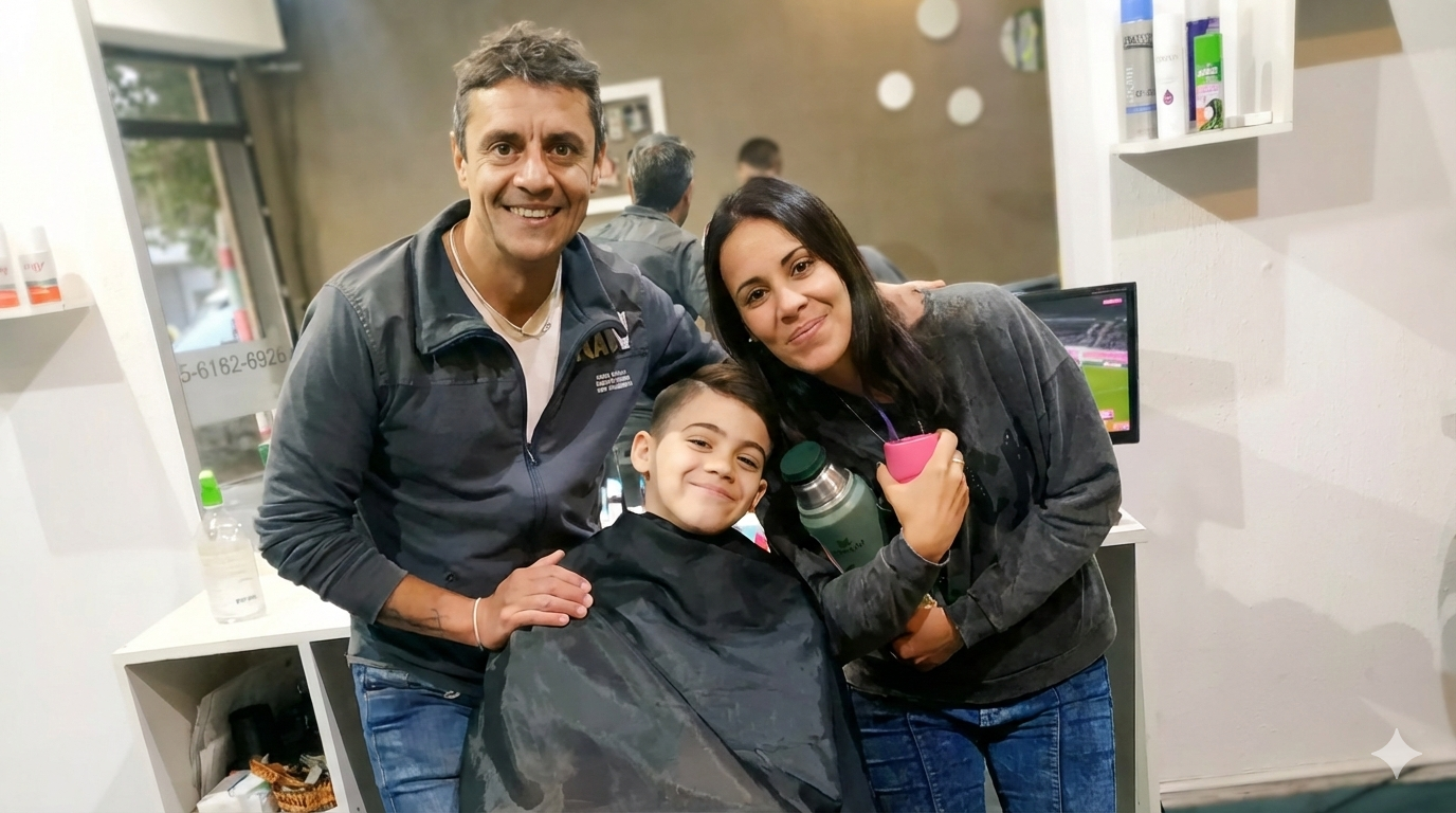 Cliente feliz con corte de cabello moderno en ambiente inclusivo